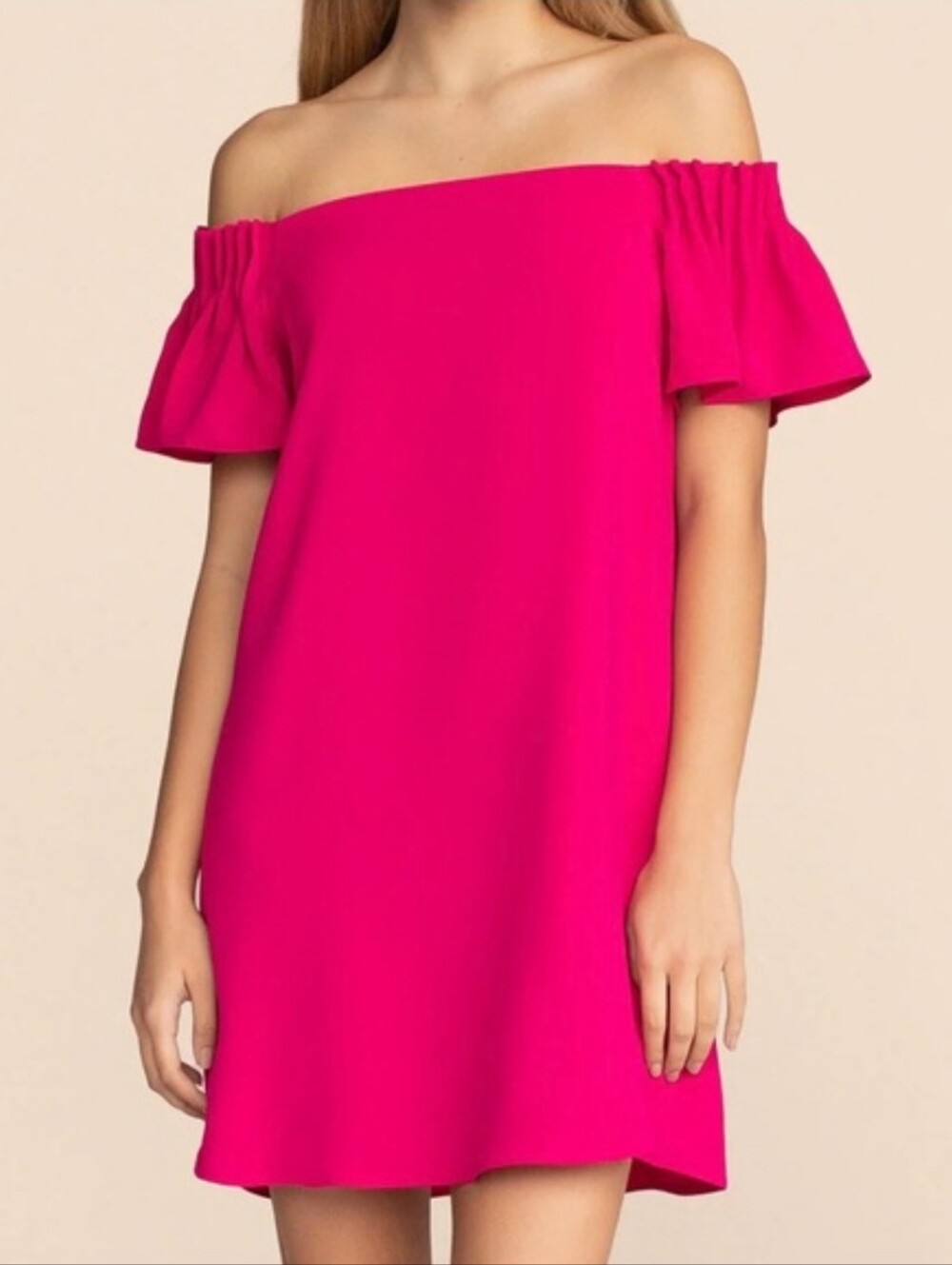 NWT Trina Turk Exceptional Off Shoulder Pintuck Pleated Pink Fuchsia Shift Dress